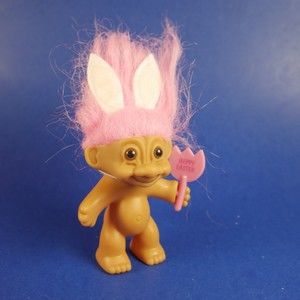 Vintage Russ Troll Doll Baby with Easter Bunny Ears, Pink Hair Tulip 3"